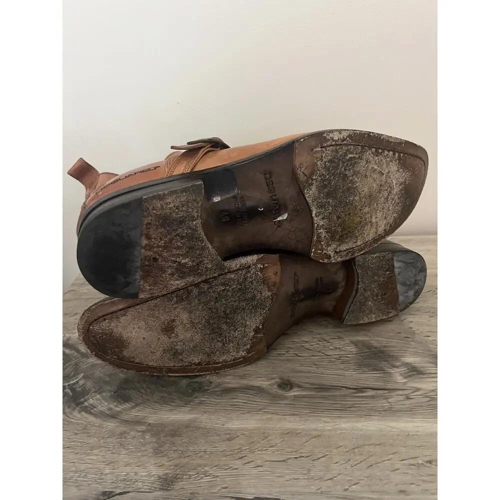 Dsquared2 Brown Vintage Leather Ankle Boots Dress Shoes Buckle Strap 46